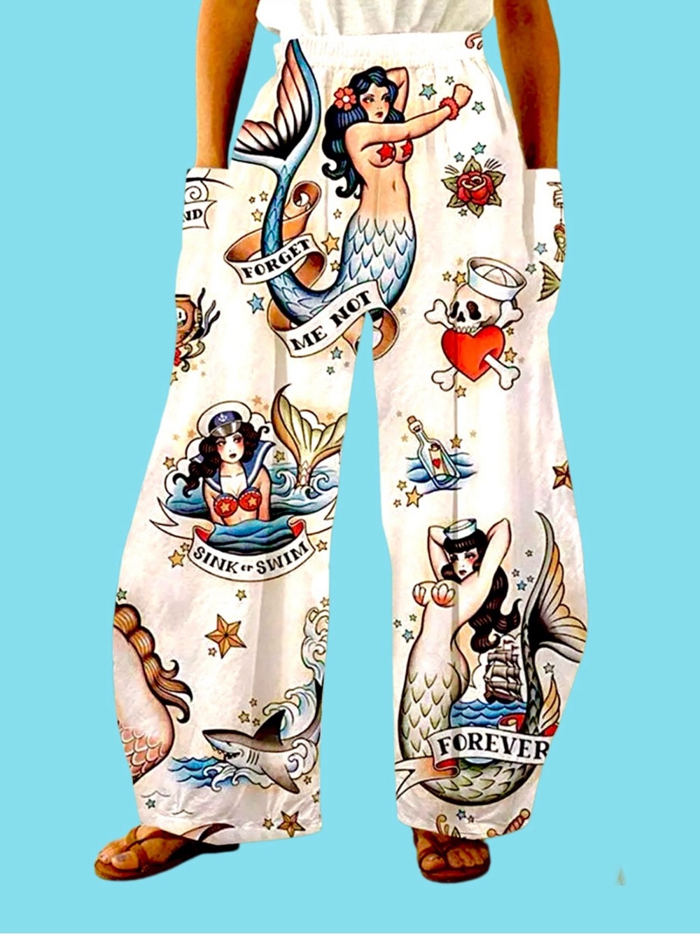 Women's Vintage Tattoo Inspired Mermaid Print Patch Pocket Wide
Leg Pants NWOT